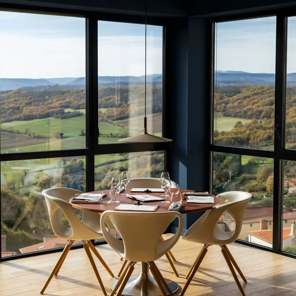A round table with four chairs and wine glasses, located in a glass-walled room offering a panoramic view of a rolling landscape.