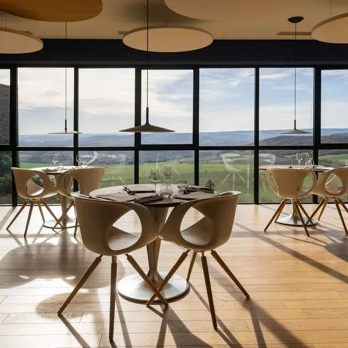 Modern dining room with round tables and design chairs in front of large windows offering a view of a hilly landscape