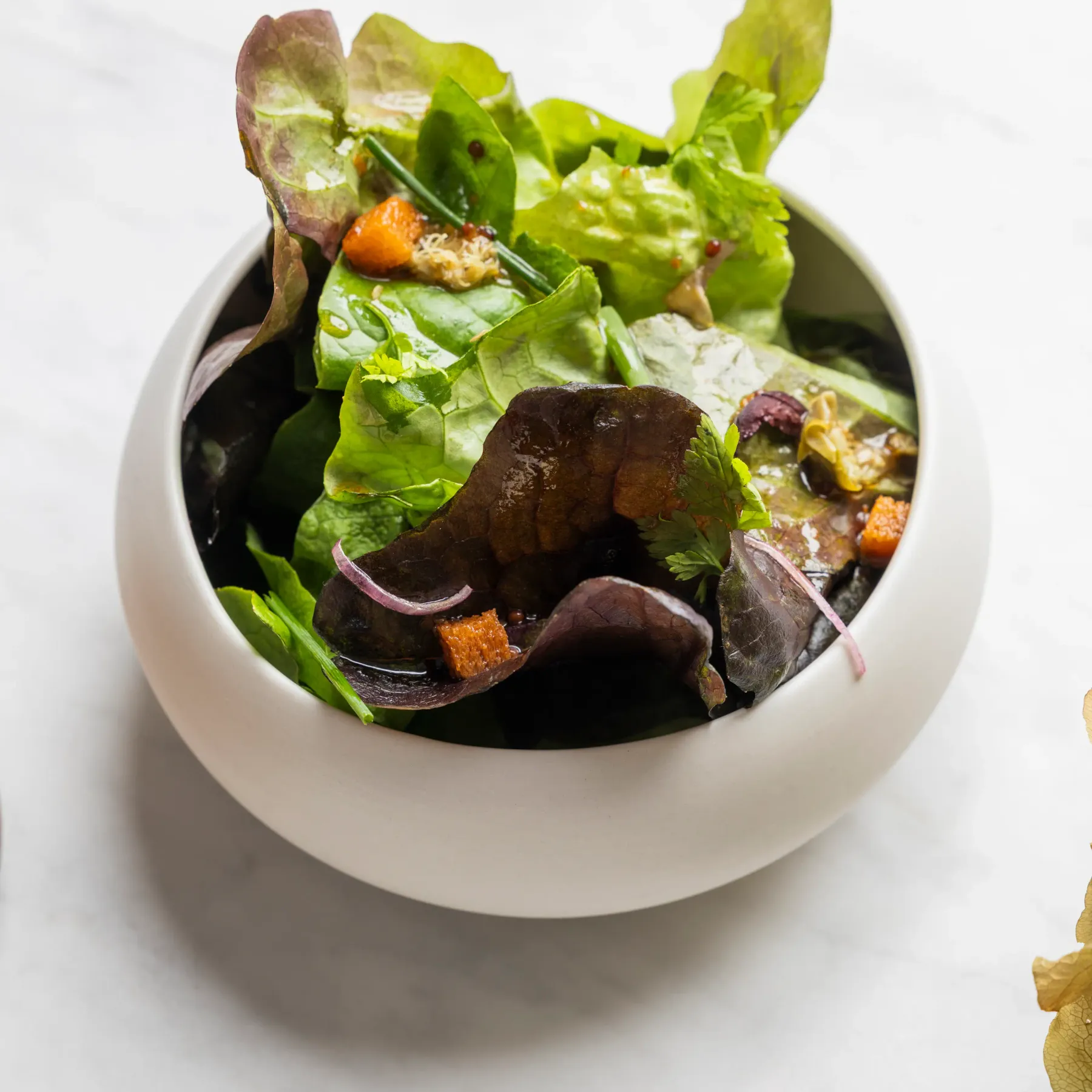 Un bol blanc contient une salade composée de feuilles vertes, d'oignons rouges, de morceaux de légumes rôtis et de croûtons
