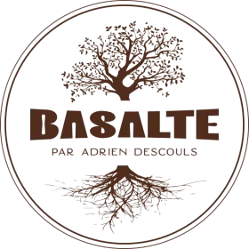 Circular logo with a stylized tree and roots at the bottom, the text "BASALTE PAR ADRIEN DESCouls" below